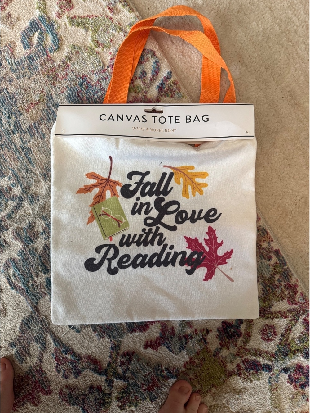 Canvas Tote Bag with Orange Handles and Fall in Love with Reading Design